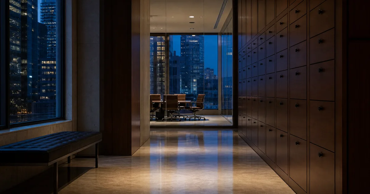 A law-office corridor at blue hour with tall wooden filing cabinets and a glass-walled conference room beyond, cool evening light and long shadows falling