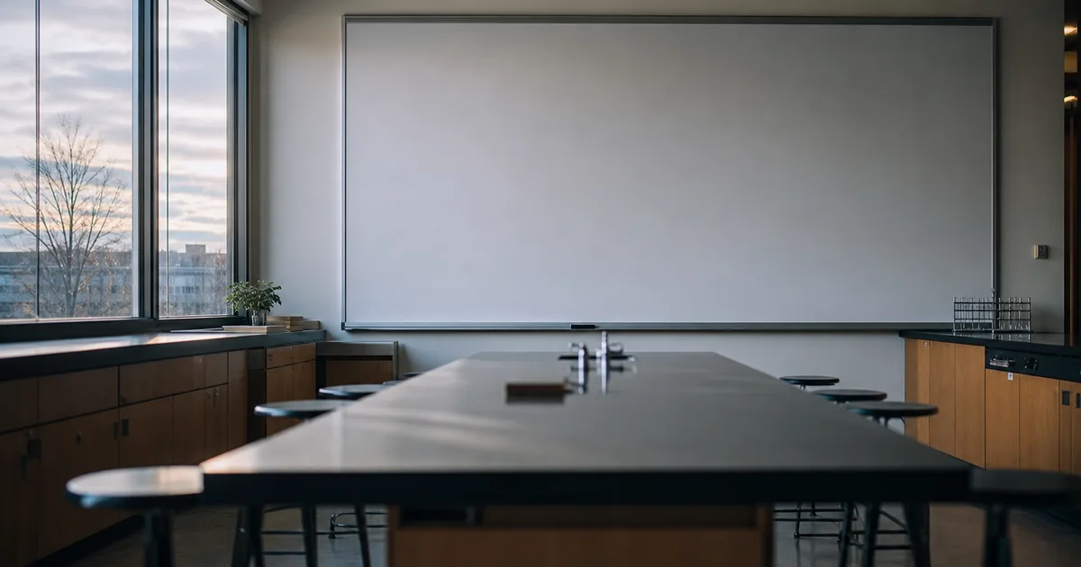 A university statistics lab at dawn, a whiteboard wiped clean, empty stools around a long bench, grey morning light through north-facing windows