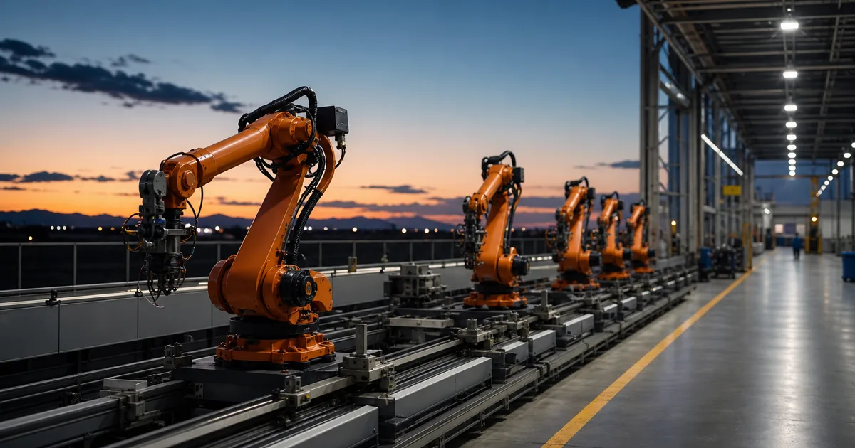 A robotics engineer in a hard hat inspects an industrial robotic arm on a factory floor bathed in warm overhead light