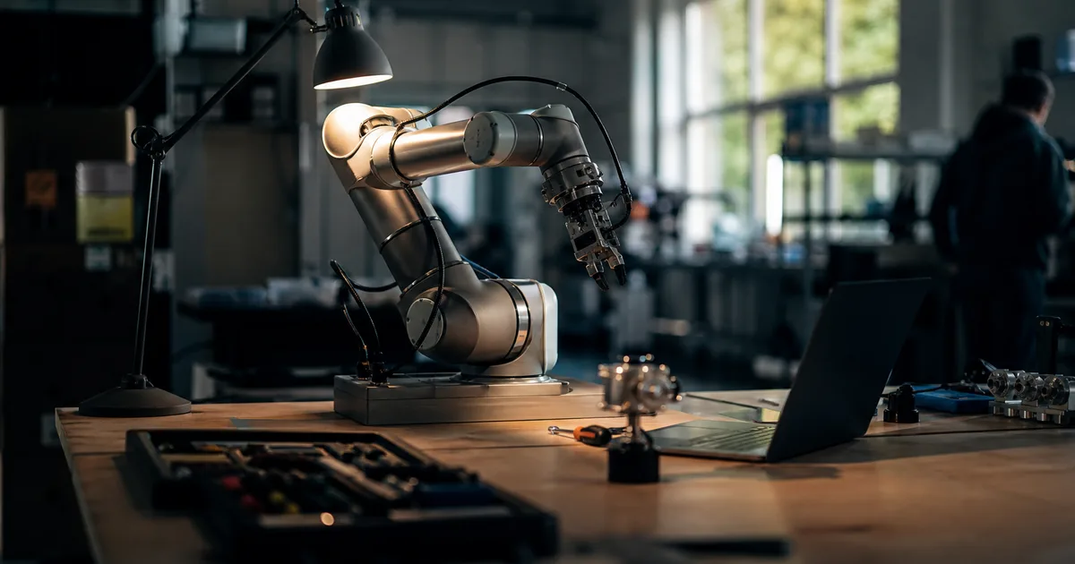 A robotics lab with an articulated robotic arm on a workbench beside tools and a laptop, focused task lighting