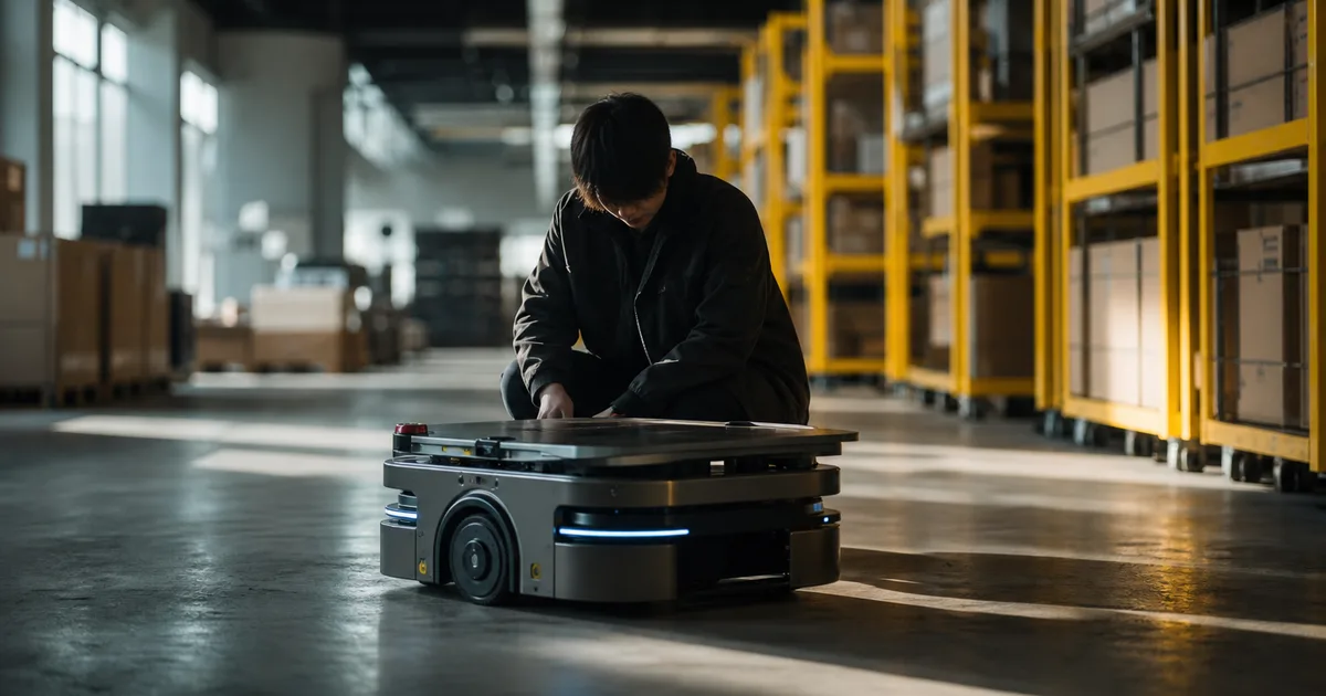 A robotics engineer crouching beside an autonomous mobile robot on a concrete warehouse floor with tall yellow shelving units in the background and