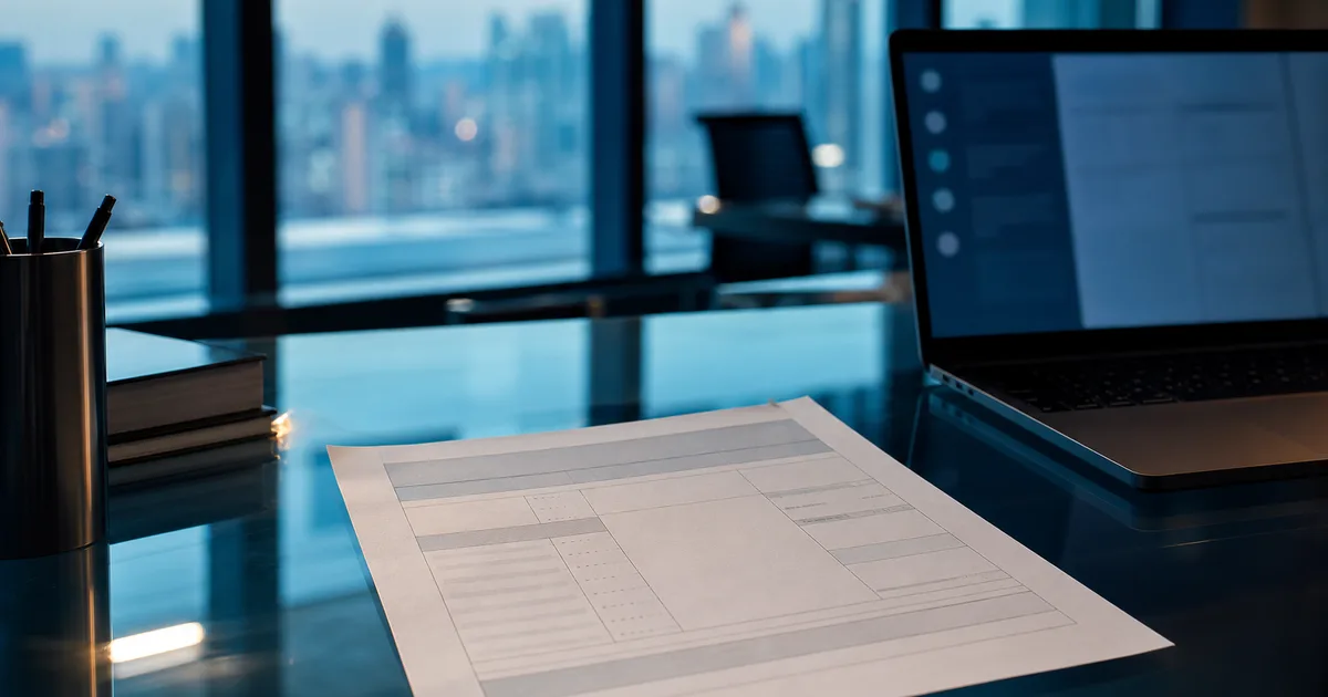 A pay stub printout lying on a glass desk beside a laptop with a financial dashboard on screen, bathed in cool blue office light from floor-to-ceiling