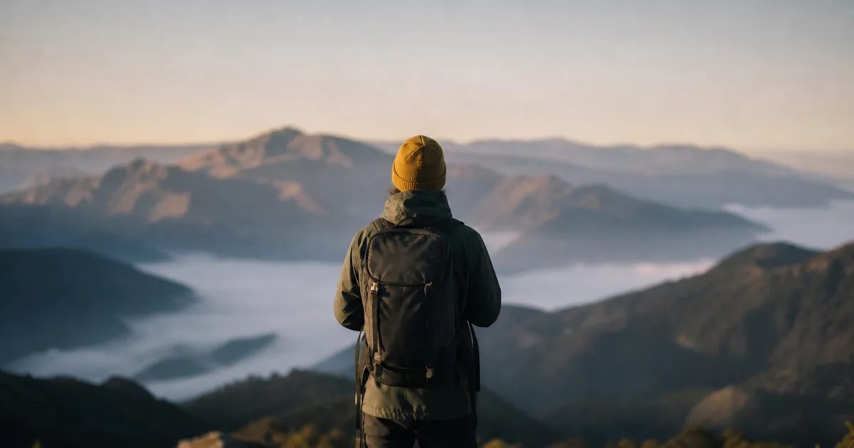 A traveler with a backpack standing at a scenic mountain overlook, mist in the valley below, early morning light, no identifiable landmarks