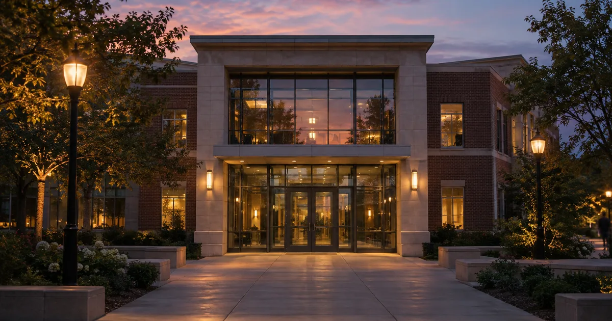 A university administration building exterior with international students walking past on a fall afternoon carrying backpacks and folders