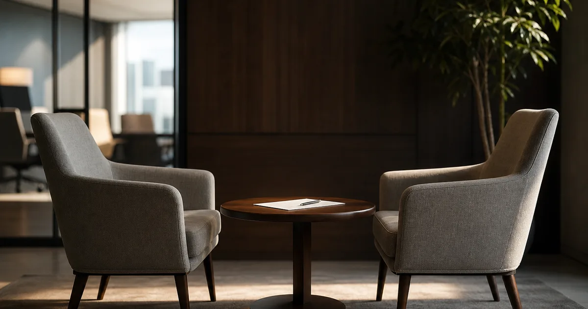 Two chairs across a small table holding a single document and a pen, warm balanced negotiation-room light