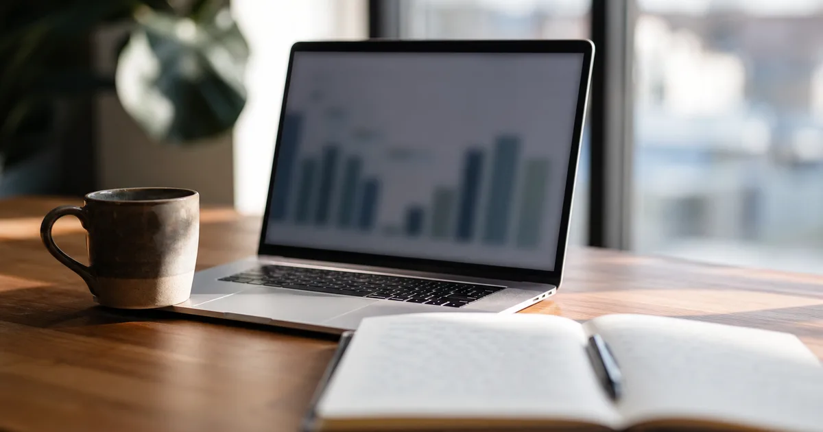 A desk with a laptop showing blurred salary comparison bars, a notebook with handwriting blurred and a coffee, clean bright light, no readable text