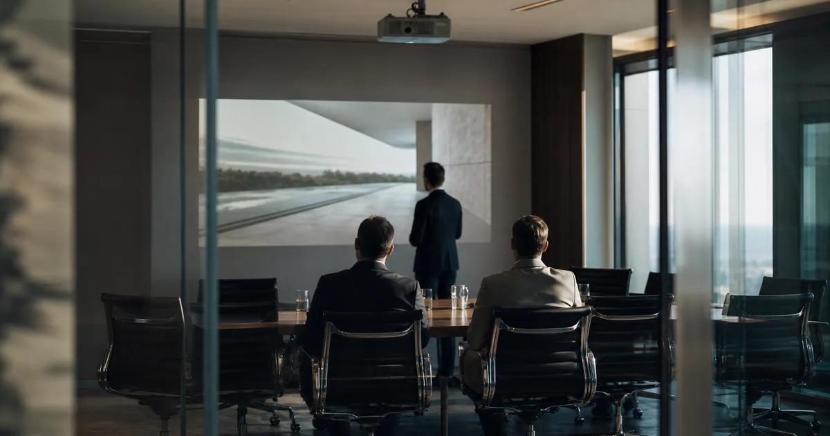 A sleek glass-walled conference room with a sales engineer presenting to a corporate client, overhead projector beam visible, neutral tones with accent