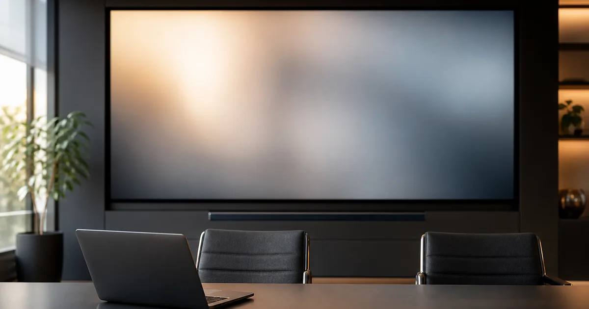 A modern demo room with a large blurred presentation screen, a laptop on a table and two empty chairs, bright clean light, no readable text, no people