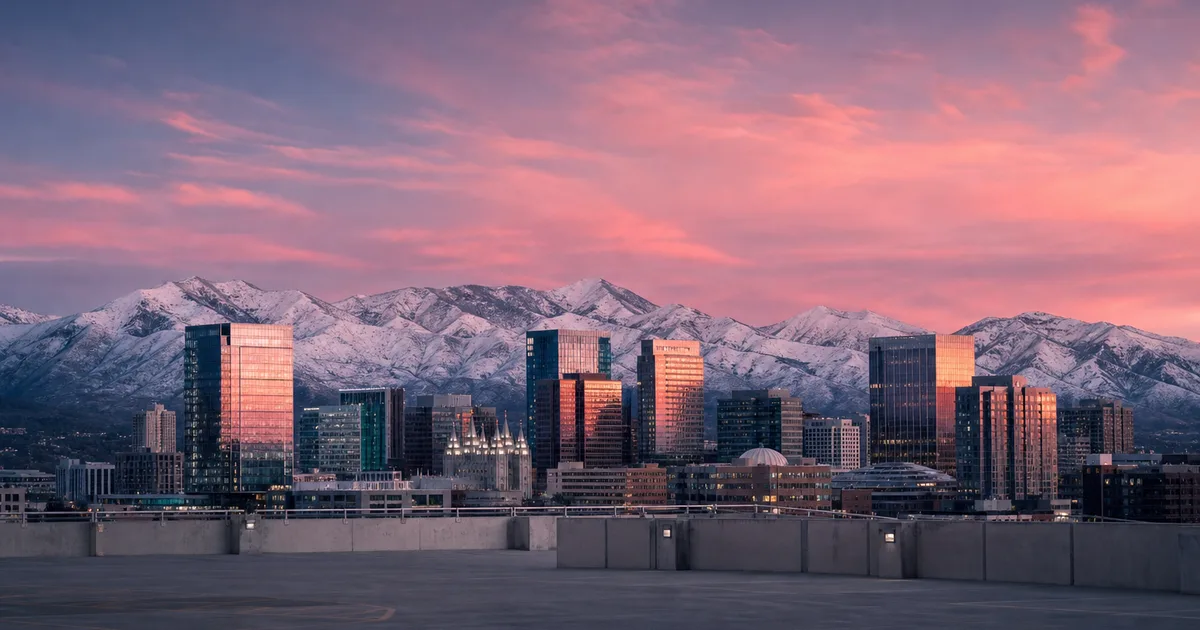 Downtown Salt Lake City skyline at dusk with modern glass office towers and the Wasatch Mountains visible in the background