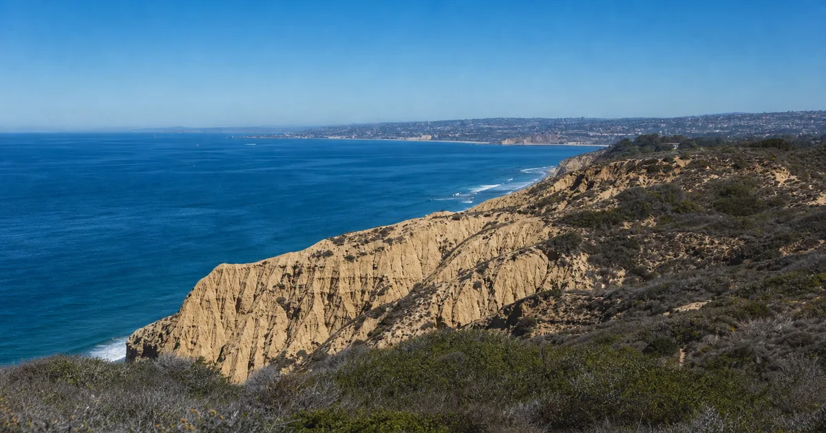 Torrey Pines cliffs above the Pacific Ocean at midday, scrubby coastal mesa with distant view of the La Jolla shoreline under a cloudless blue sky
