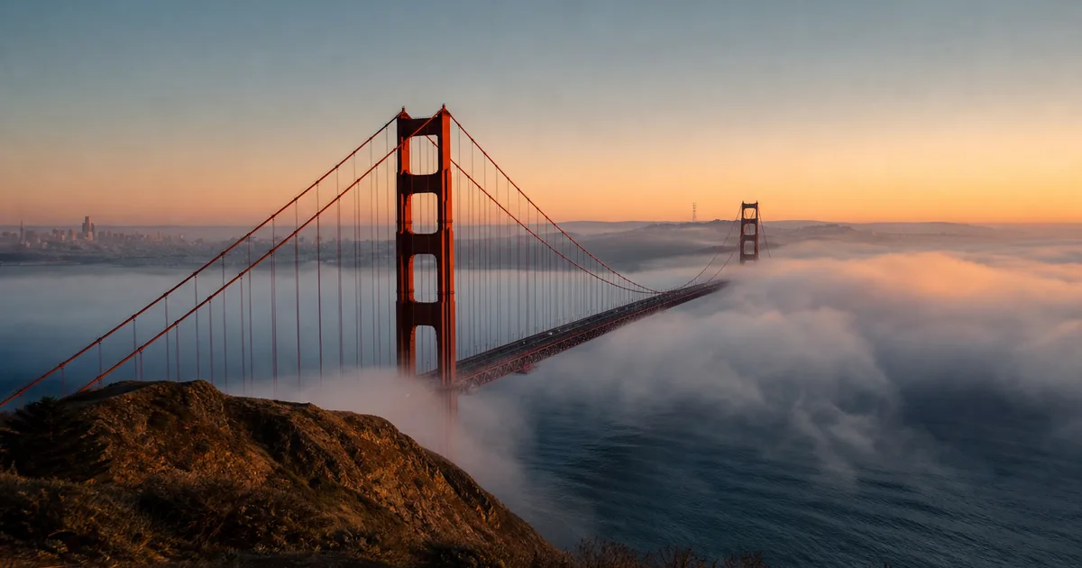 Golden Gate Bridge at sunrise seen from the Marin Headlands, fog rolling through the towers over the deep blue bay with the San Francisco skyline in the