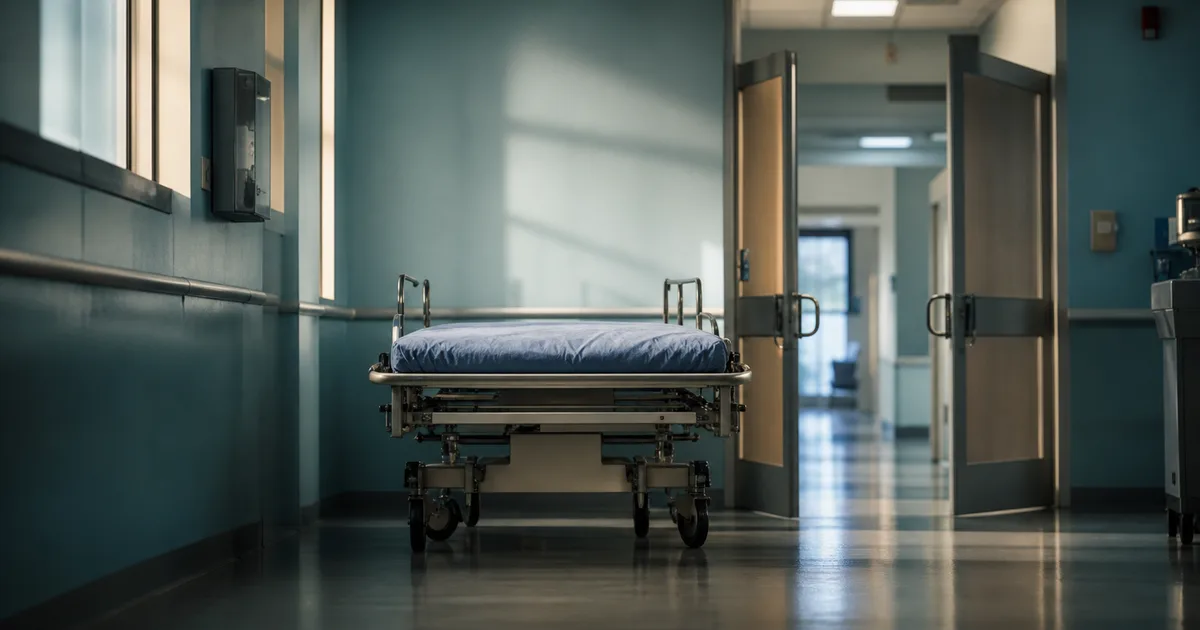 A hospital corridor in the early morning, empty stretcher against a pale blue wall, soft fluorescent light, double doors at the end slightly ajar