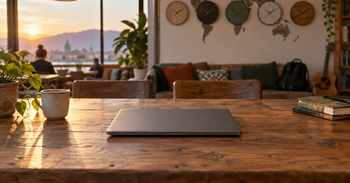 A person at a kitchen table late at night checking a phone and laptop showing two different clock times before a call
