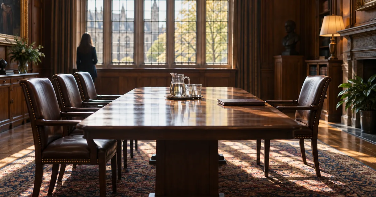 A wood-paneled university committee room at mid-morning, a long table with three empty leather chairs on one side and a single chair opposite, a water