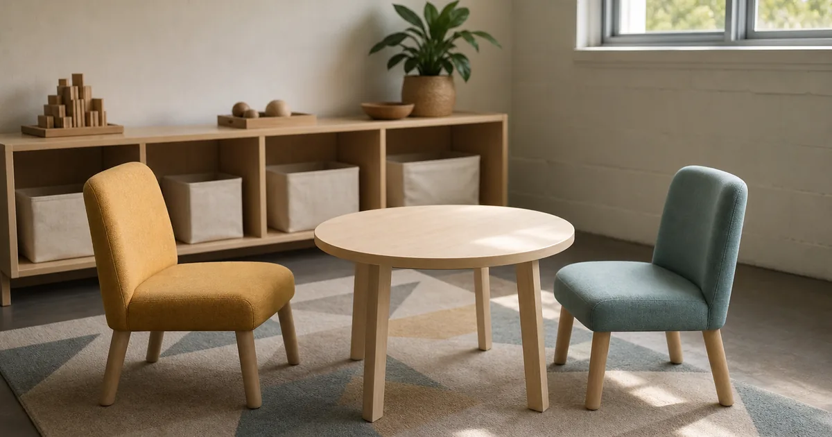 A small quiet school assessment room with two low chairs facing each other across a round table and afternoon light from a high window