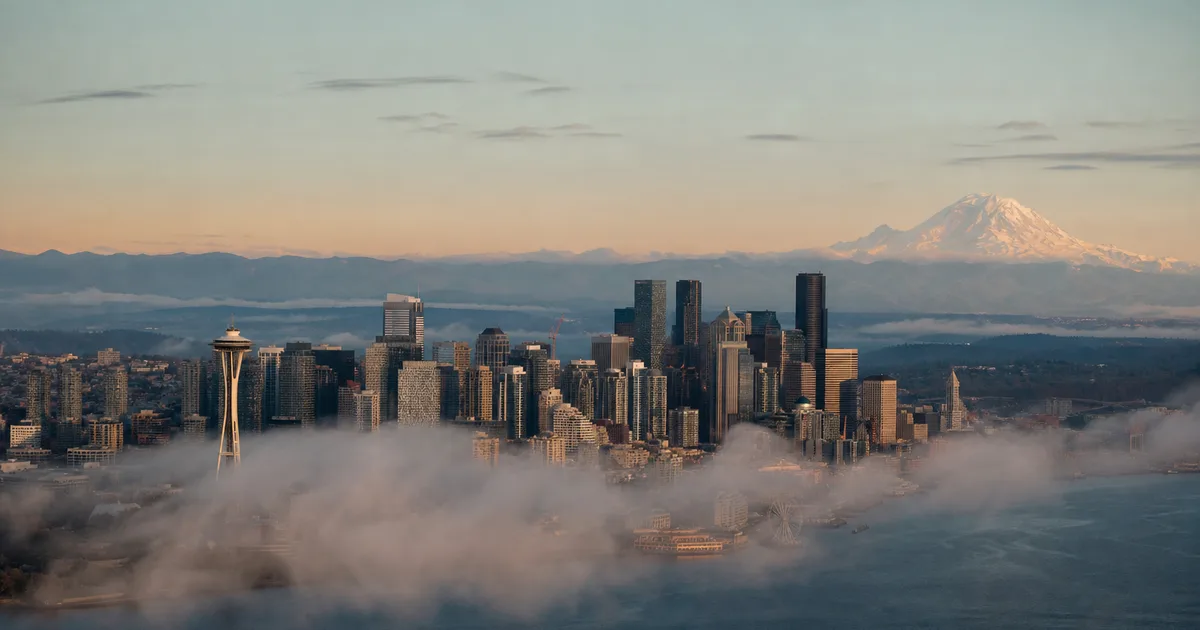 Morning aerial view of the Seattle skyline with Mount Rainier on the horizon, glass skyscrapers and the Space Needle emerging from low clouds above Puget