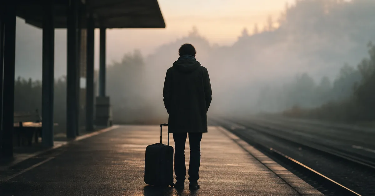 A quiet train platform at early morning, a lone commuter with a suitcase turned toward the tracks in soft mist