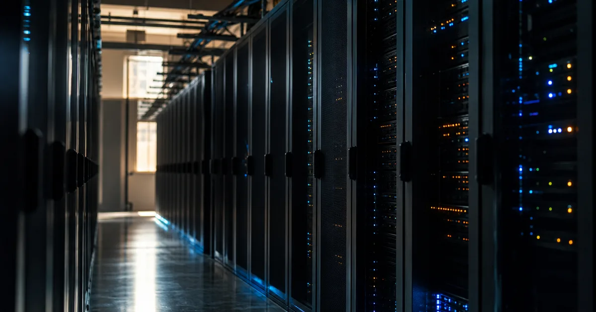 A dimly lit server room corridor with rows of glowing rack-mounted hardware, cool blue and orange indicator lights reflecting off polished metal surfaces
