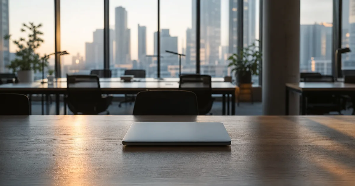 A founder works alone at a small desk in a modest startup office, reviewing paperwork under warm evening light
