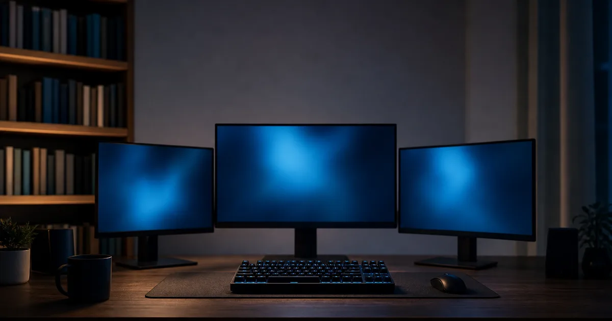 A developer working at a standing desk with multiple monitors showing code, in a modern co-working space with natural light streaming through large windows