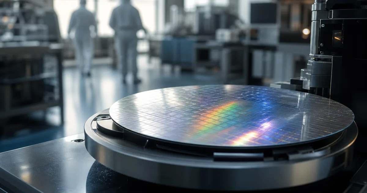 A semiconductor cleanroom with distant figures in bunny suits silhouetted, a silicon wafer reflecting rainbow light, cool tones