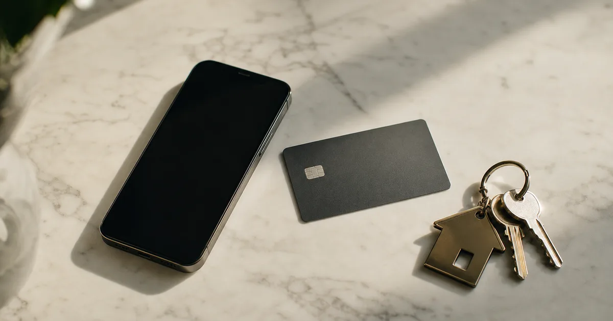 A neatly arranged flat-lay of a smartphone, a debit card, and a set of apartment keys on a light marble surface