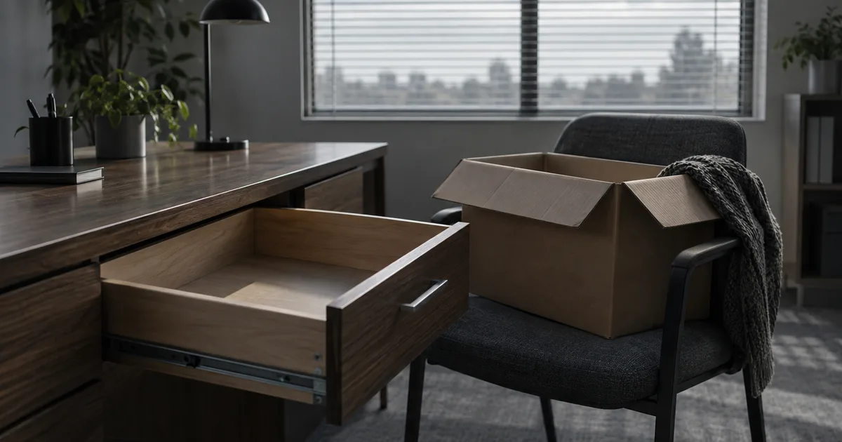 A person packing a cardboard box of desk items in a quiet office on their last day of work