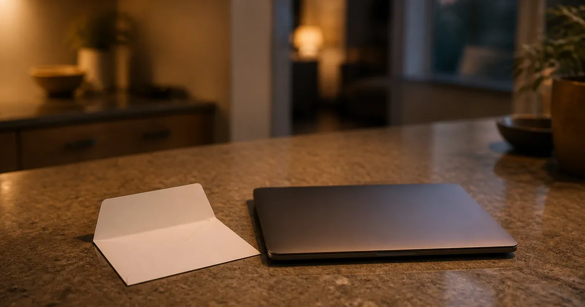 A person reviewing a printed bank statement beside an open laptop at a home desk, everyday personal finance scene