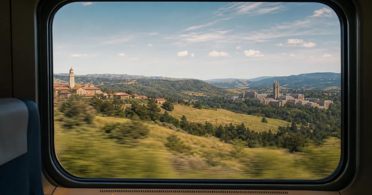 Two university campuses seen through a train window during a cross-country journey on a clear day, green hills rolling past