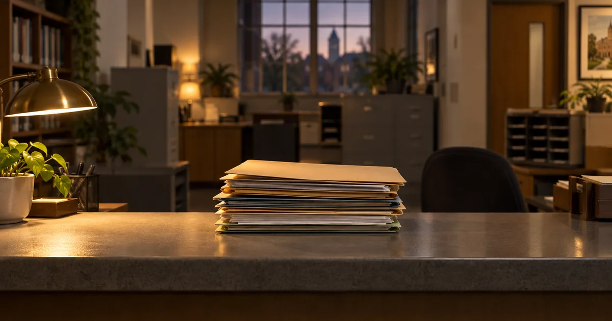 A university international student office desk with I-20 paperwork, a laptop, and a name badge lanyard under morning light