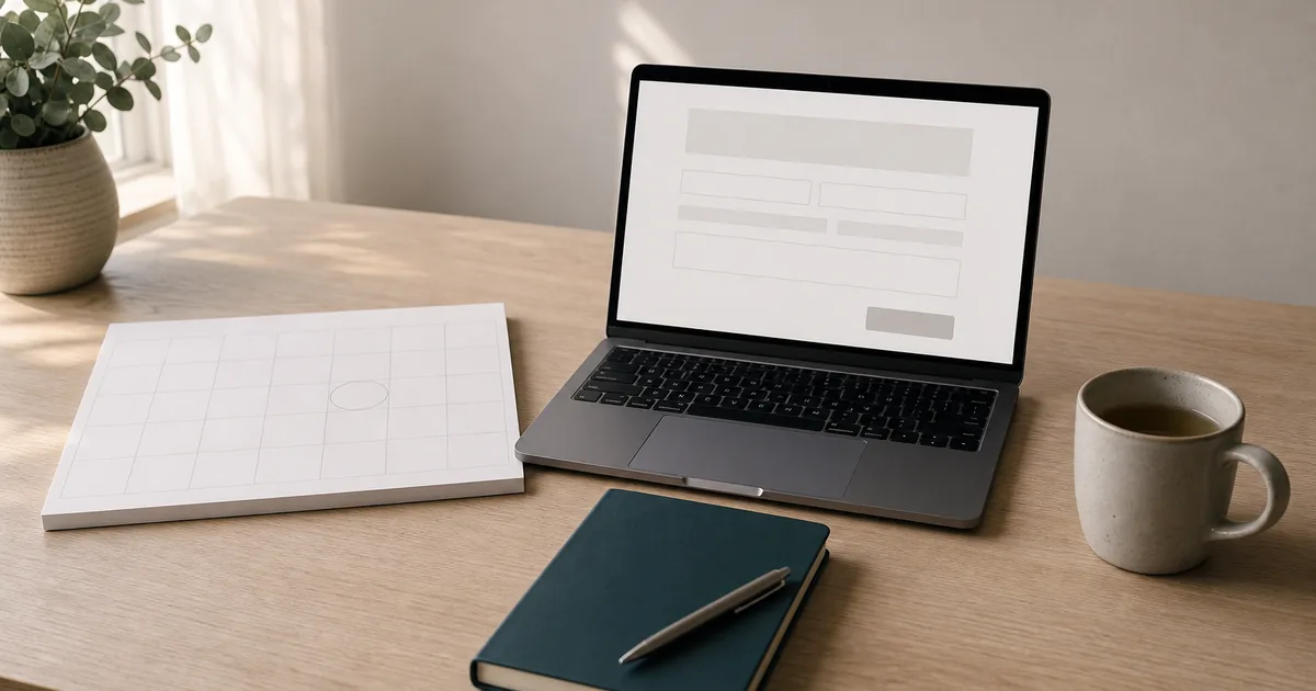 A laptop open to a blank government web form on a quiet desk beside a wall calendar with a circled date, early morning light, no people
