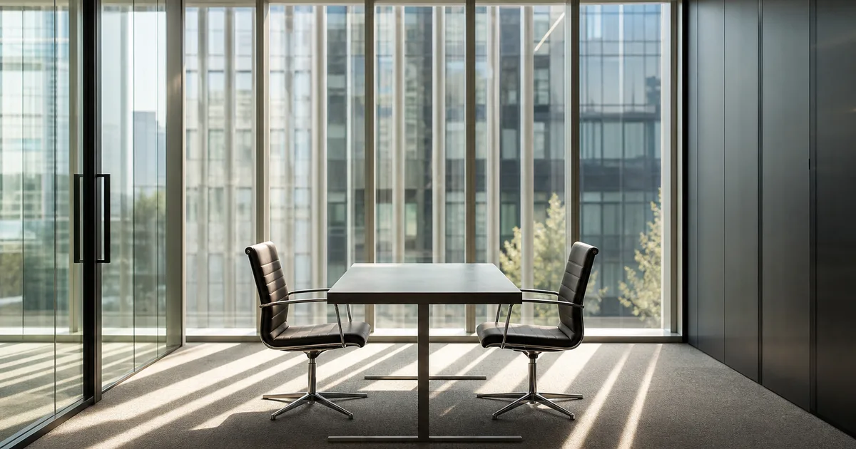 An empty glass-walled corporate interview room at midday, two chairs facing each other across a bare table, hard sunlight striping the carpet through