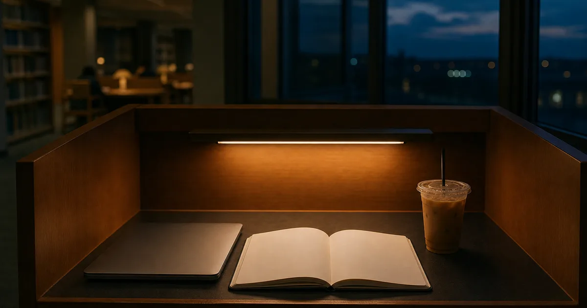 A university library study carrel at dusk, an open blank notebook and a cold cup of coffee beside a closed laptop, low warm lamp light against deep blue