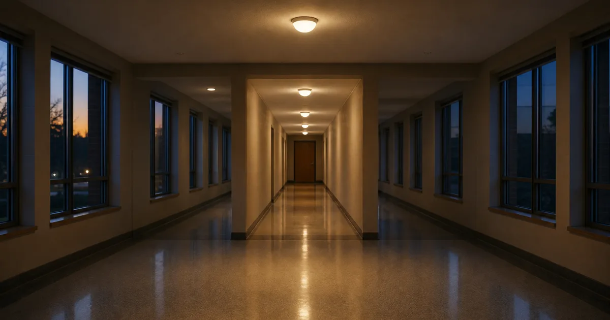 A crossroads of two empty hallways in a university building at dusk, corridors branching left and right under soft ceiling fixtures, polished floor