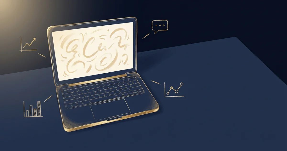 A laptop displaying abstract code on a navy desk surrounded by hand-drawn project sketches.