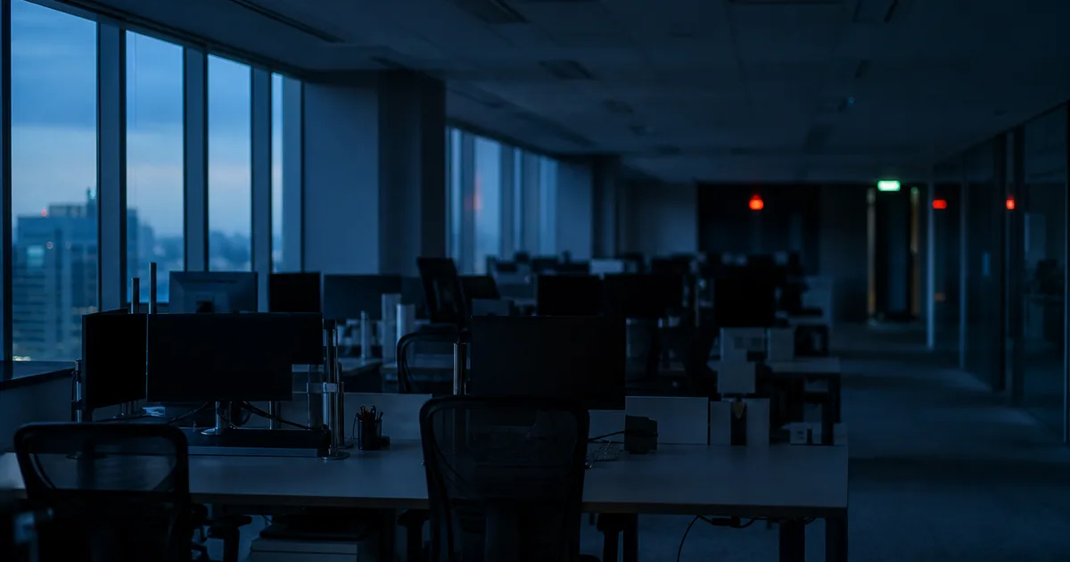 An empty open-plan office at blue hour, rows of dark unoccupied desks lit only by the glow of exit signs