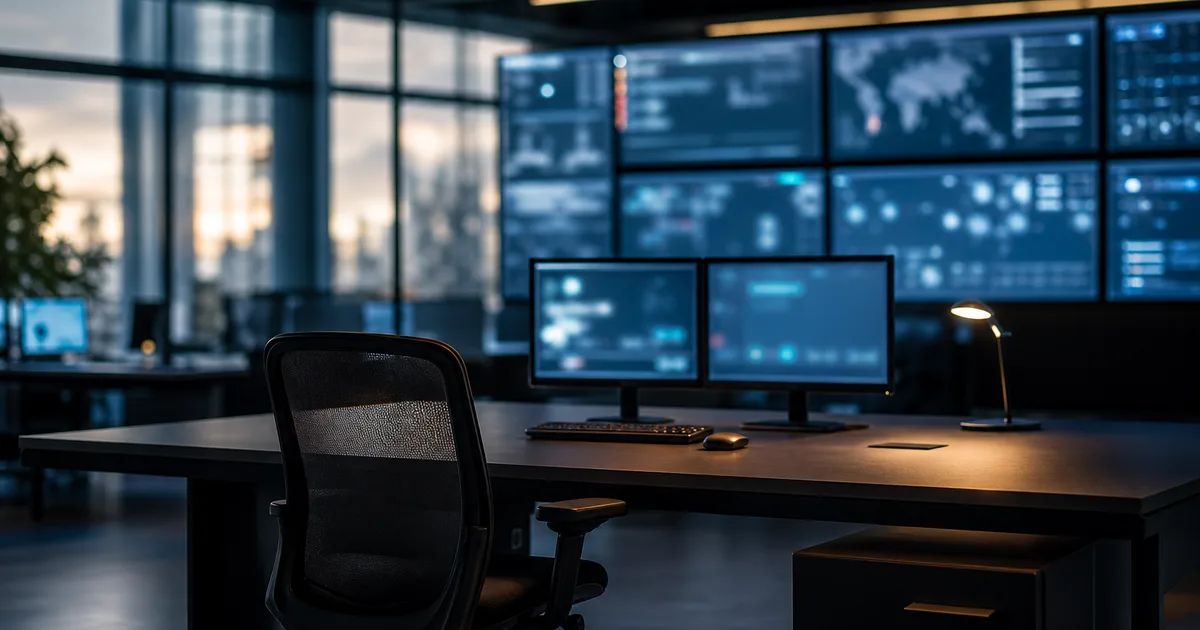 A network operations room with several large screens showing blurred system dashboards, cool blue lighting, an empty desk, no readable text, no people