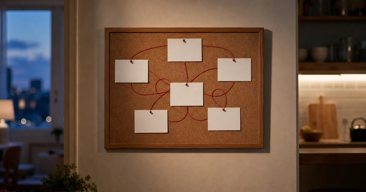 A shared apartment kitchen at dusk, a corkboard with blank index cards connected by loops of red string