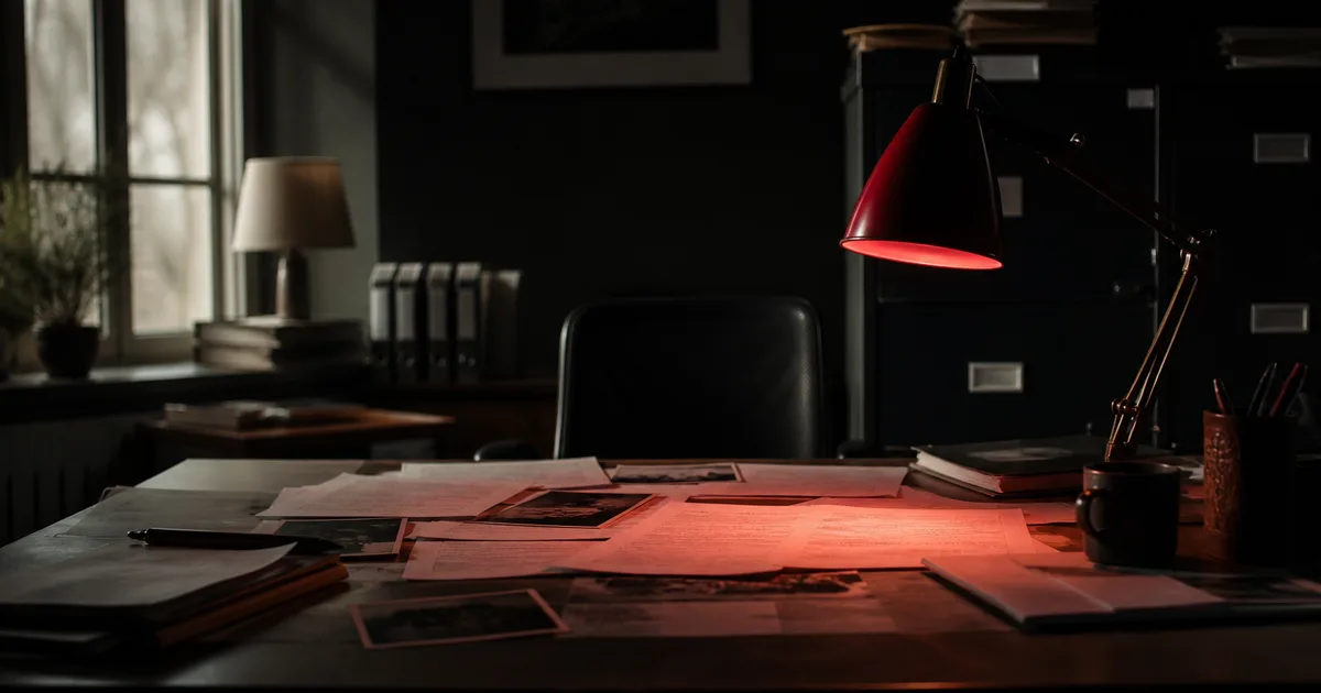 A dim office with a single red desk-lamp glow falling on scattered documents, cautionary cinematic shadows