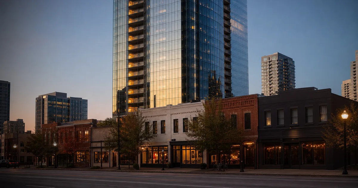 A downtown skyline at dusk with a massive glass skyscraper dominating the background and a row of smaller independent storefronts and low-rise buildings in