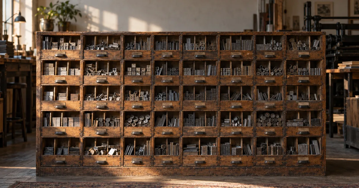 A wall of small wooden type-drawers in a letterpress studio, each compartment holding different metal pieces, labels blurred, afternoon light falling across