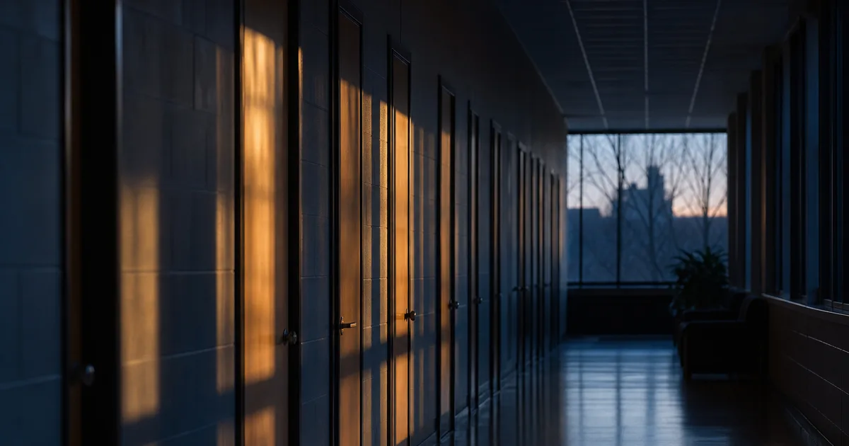 A university social sciences building hallway at dusk, long shadows falling across closed office doors