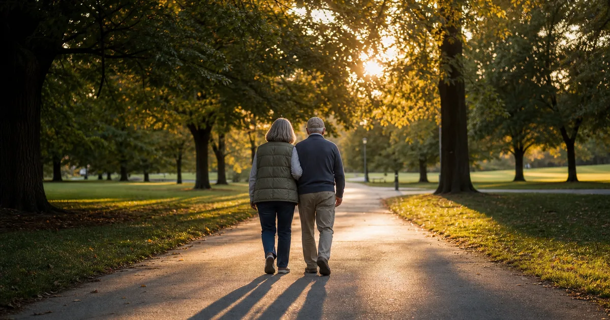 A retirement-age couple walking through a park at sunset, with long shadows across a paved path and mature trees lining both sides