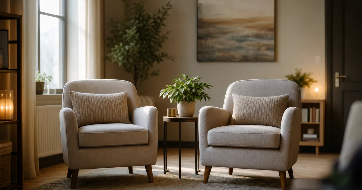 A warm, welcoming counseling office with two soft armchairs, a small side table with a plant, gentle window light, no people