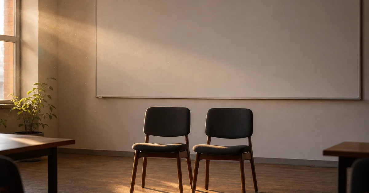 A small workshop room at golden hour with two chairs pulled close together beside a wiped-clean whiteboard wall, late afternoon light raking across the empty
