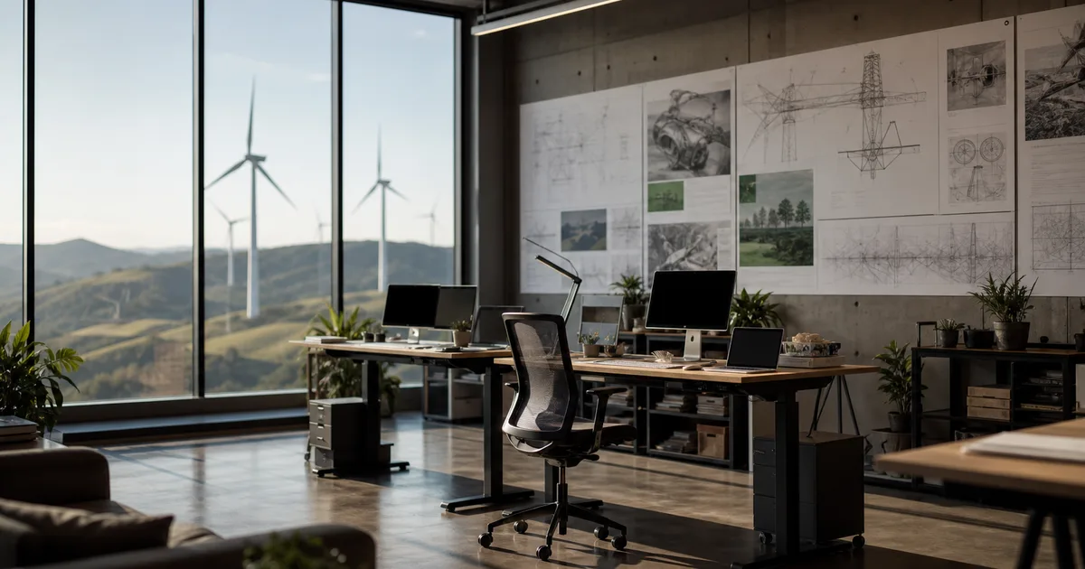 A sustainable office with floor-to-ceiling windows overlooking wind turbines in a valley, engineers working at standing desks with laptops, walls covered in