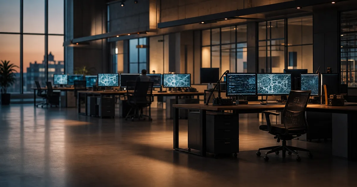 A sleek open-plan engineering office at dusk with large monitor arrays displaying circuit schematics, industrial concrete walls, and soft overhead lighting