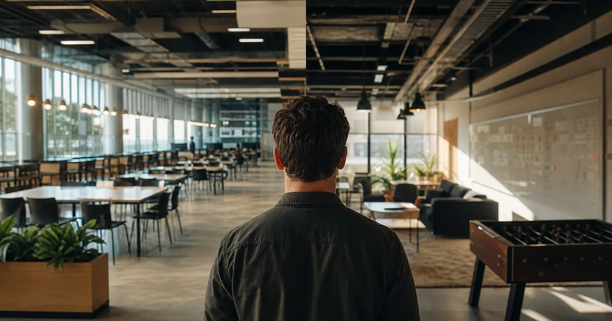 A split-perspective office scene - one side showing a vast open-plan tech campus cafeteria, the other a smaller lively startup floor with a foosball table