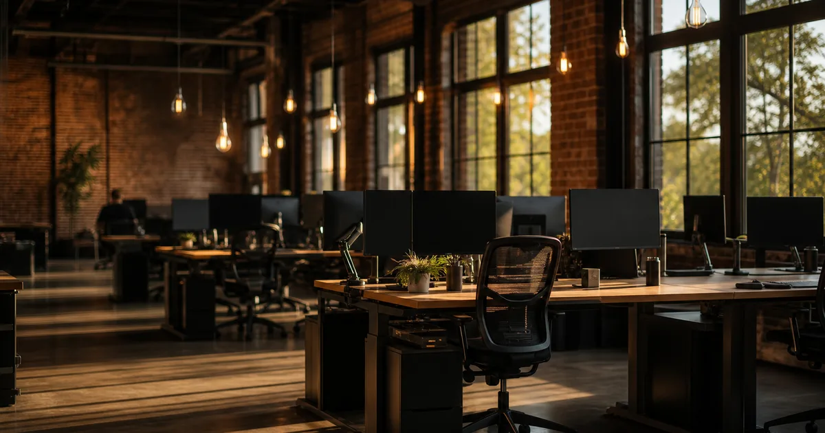 Software engineer at a standing desk in a modern open-plan office reviewing code on dual monitors with city skyline visible through floor-to-ceiling windows