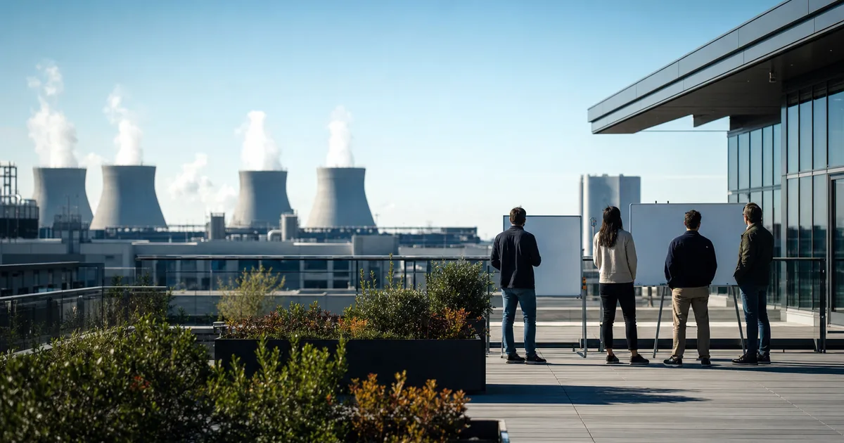 A panoramic rooftop terrace of a modern tech campus with data center cooling towers in the background, engineers gathered around outdoor whiteboards under a
